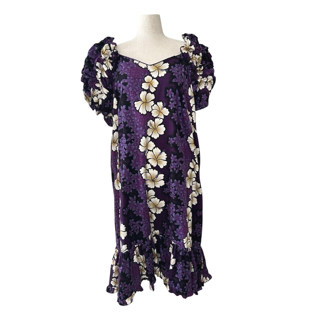 Hilo Hattie Purple Hibiscus 3X Puff Sleeve Long Muumuu Hawaiian Cotton Bark